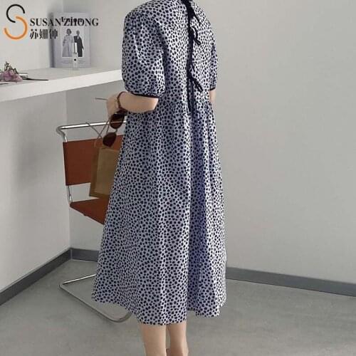 Women Dress Flower Print Female One-Piece Bow Summer Romantic Vintage Color Biding Round Neck Lantern Sleeve Short Korean Style