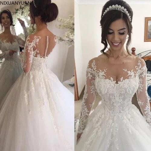 Princess White Elegant Wedding Dress 2021 robe de mariee Long Sleeves Appliques Celebrity Ball Gown vestidos de novia Bride Gown