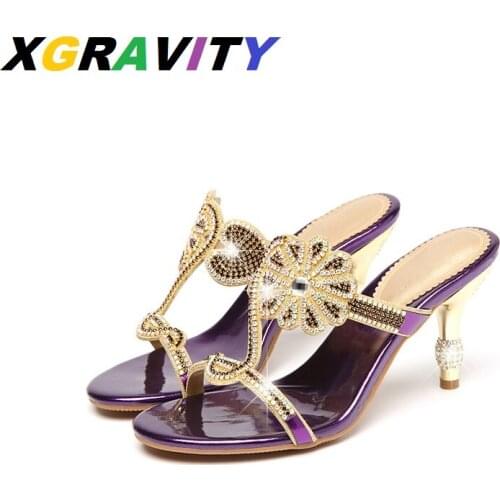D006 XGRAVITY New 2021 Summer Shoes Elegant High Heel Pumps Rhienstone Sexy Ladies Slippers Female High Heeled Slides For Ladies