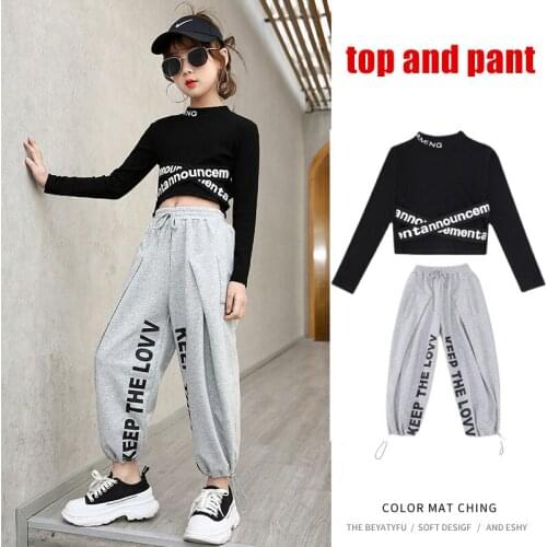 Childrens Clothing Girls Jazz Tracksuit Spring Autumn Dance Costumes Kids Hip-Hop O-Neck Letter Long Sleeve Pure Cotton Suits