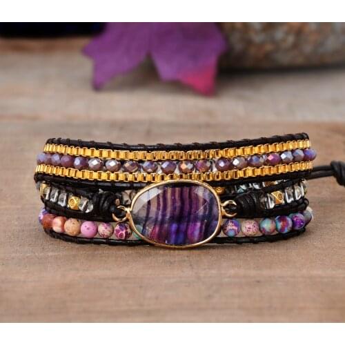 Purple Fluorite Leather Wrap Bracelets Healing Stone Beaded 3 Strands Bracelet Rainbow Fluorite Beaded Genuine Leather Bracelet