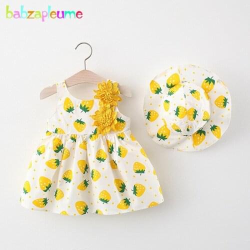 2Piece Toddler Girls Summer Clothes Cartoon Cute Strawberry Flowers Sleeveless Cotton Baby Beach Princess Dress+Sunhat BC2029-1