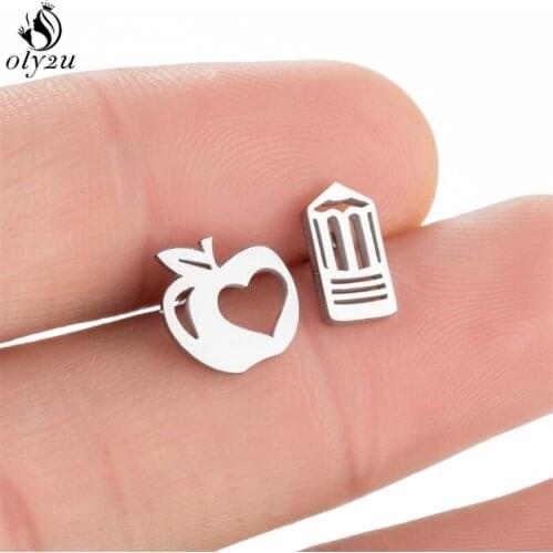 Personality Asymmetric Apple Pencil Stud Earrings for Women Kids Hip Hop Black Geometric Stainless Steel Earring Students Gift