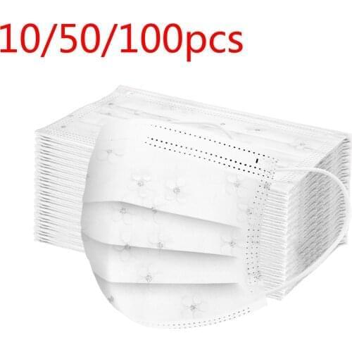 10/50/100pcs Adult Disposable Mask White Lace Gauze Print Breathable Face Mouth Mask Earloop Halloween Cosplay Fast Delievry