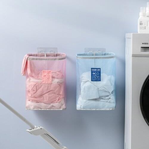 Nylon Check Cloth Laundry Basket Wall-mounted Punch-free Dirty Clothes Basket Box Kids Toys Sundries Home Storage Box Organizer