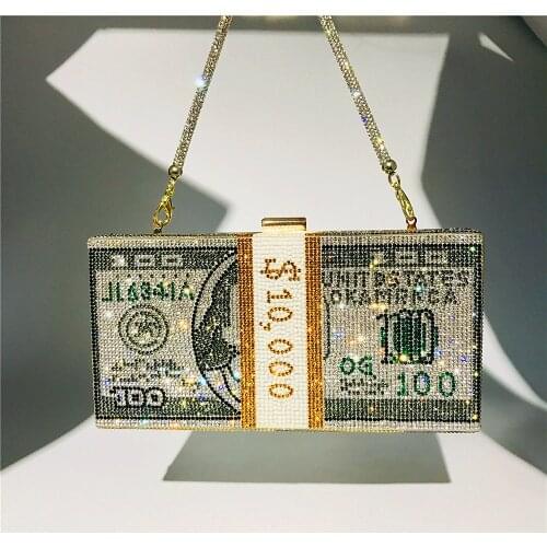 New Fashion Money Clutch Dinner Bags For Women Rhinestone Purse Dollars Stack Of Cash Evening Handbags Shoulder Bags