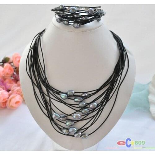 Wholesale 15row 13mm black rice pearl black leather necklace & bracelet