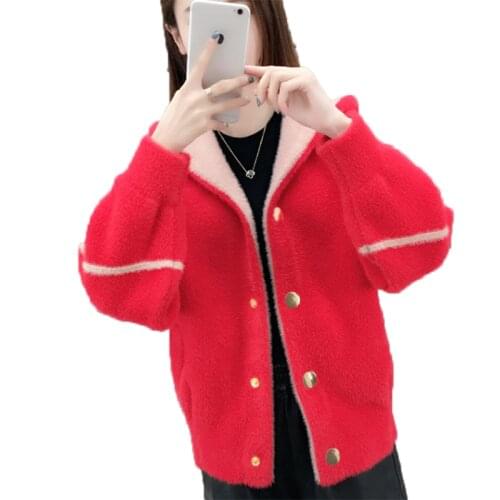 Womens Short Coat Of imitation Mink Velvet， New，Suitable For autumn Winter， Female loose Hooded Wool Jacket Elegant Coat A143