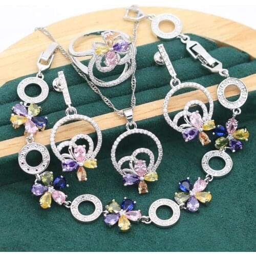 Plant Multi Color Zircon 925 Silver Jewelry Sets For Women Bracelet Earrings Necklace pendant Ring Gift
