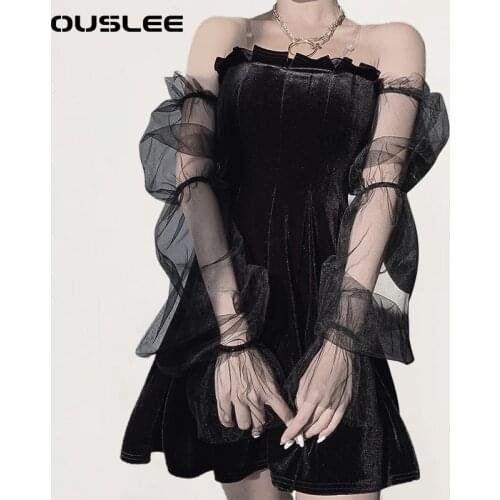 OUSLEE Chic Off Shoulder Mesh Fairy Dress Women Black Elegant Gauze Princess Puff Sleeves Dresses Female Vestido De Fiesta Mujer