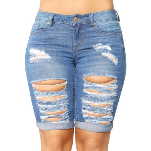 Summer Sexy Clothing Women Denim Ripped Shorts High Waist Holes Draped Destroyed Stretch Bodycon Pencil Slim Shorts Club Street