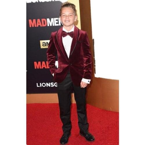 Dark Red Kids Velvet Formal Tuxedos Shawl Lapel One Buttons Black Pants For Boys Formal Wear Winter Clothing for Kids