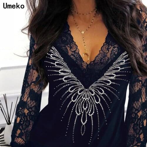 Umeko Women T-shirt New 2021 Spring Autumn Long Sleeve V-neck Tops Shirt Sexy Hollow Out Embroidered Diamond Women Tops Blusas