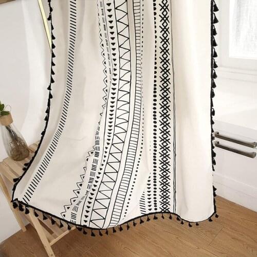 Bohemian Style Curtains Geometric Striped Tassel Windows Curtain Home Decor Semi-Blackout Cotton Linen Blend Farmhouse TJ2392