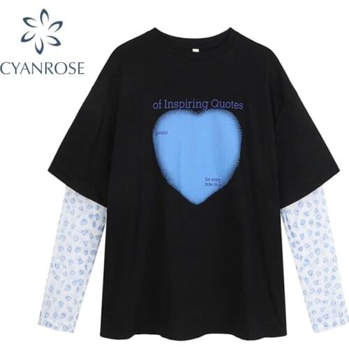 2021 Summer Women Long Sleeve T-Shirts Fake Two-piece Sunscreen Top Oversize Harajuku Gothic Print Black Hip Hop T-Shirt Girl