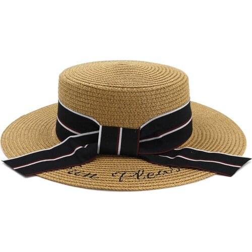 QBHAT Summer Lady Beach Flat Top Cap Boater Women Solid Color Flat Brim Shade Straw Hat with Black Ribbon Fahsion Sun Hats