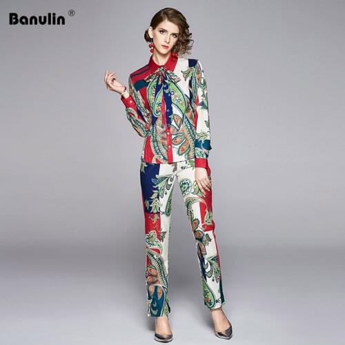 Banulin Fashion Runway Pants Suit Sets Womens Long Sleeve Bow Collar Print Blouses and Casual Pants Two Pieces Set 2020 Spring