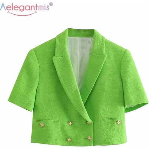 Aelegantmis Korean Vintage Green Two Piece Sets Women Fashion V Neck Female Tops and Buttons Short Pants Chic Summer Suits New