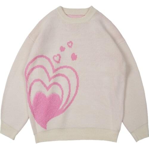 Women Y2K Pink Heart Sweater White Blue Pullover Warm Sweater for Winter Oversize Fashion Vintage Harajuku 90s Knitwear