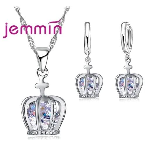 New Arrival Women Luxury Crown Jewelry Sets For Sale 925 Sterling Silver Charm Necklace Earrings For Wedding/Engagement