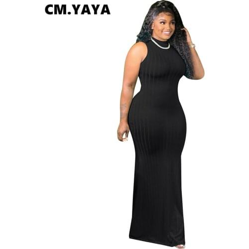 CM.YAYA Women Long Dress Solid Sleeveless Backless Bandage Strechy Maxi Dresses Fashion High Streetwear Summer Outfits 2021