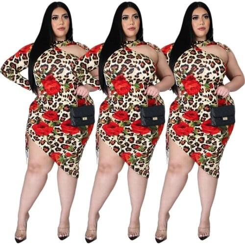 XL-5XL sexy Plus Size dresses for women summer clothing club Leopard print One shoulder Bandage dress Wholesale Dropshipping