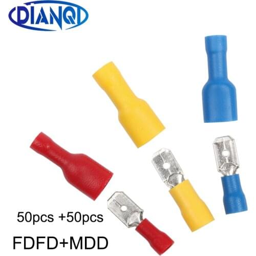 16-10AWG MDD FDFD Female male Insulated Spade joint Crimp Connector Terminal Kit 50pair FDFD+MDD1.25-250 2-250 5.5-250