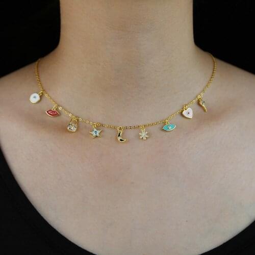 2020 summer colorful statement jewelry enamel cz paved minimal flower moon star kiss heart drop cz charm 35+10cm choker necklace