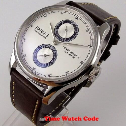 43mm PARNIS Automatic Mens Wristwatch White dial black marks Power reserve ST2542 Coffe leather strap polished beze