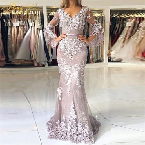 Berylove Mermaid Prom Dress V neck Tie High Waist Long Split Flare sleeve Evening Dresses Print Lace Party Dress vestidos