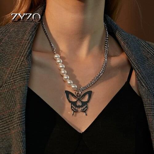 ZYZQ Fashion Short Metal Butterfly Pendant Necklace for Women Imitation Pearl Stitching Clavicle Chain Romantic Birthday Gift