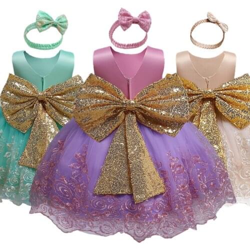 Baby Girls Clothes Flower Lace Wedding Party Dress for 1-5 Yrs Big Bow Tutu Kids Princess Birthday Dresses Elegant Evening Gown