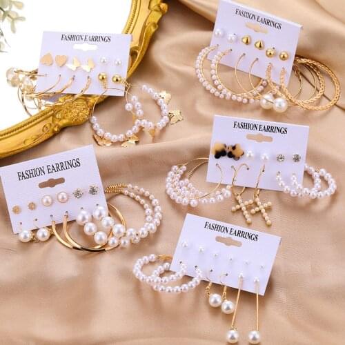 EN Vintage Pearl Earrings For Women Big Gold Cross Set of Earrings Long Tassel Butterfly Dangle Drop Earrings 2021 Jewelry