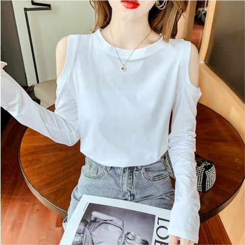 GGRIGHT Off Shoulder T Shirt Women Clothes 2021Sexy Loose Autumn Tops Female Tshirt Tee Shirt Femme Long Sleeve Cotton Tops