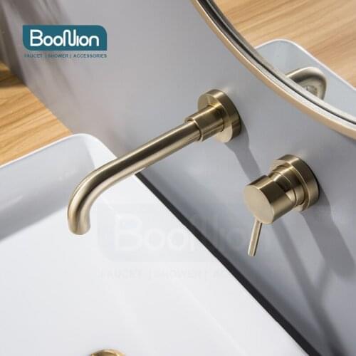 Boonion brass brushed gold Hot And Cold Water Bathroom Faucet Wall Mount Mixer Wash Basin Bath With Modern Single Lever Handle