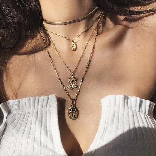 MAA-OE Multi layer Virgin Mary Choker Pendant Necklace Set For Women Flower Drop Snake Chain Necklaces Jewelry Dropshipping