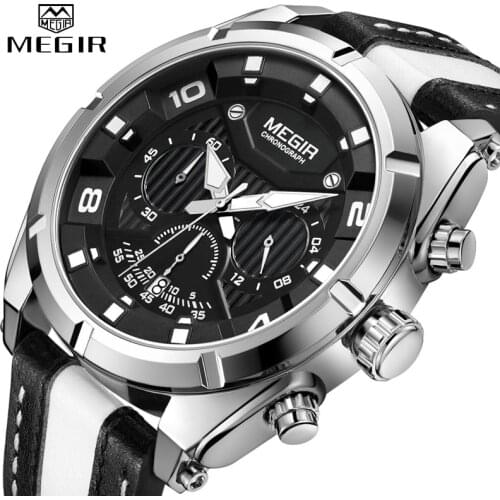 MEGIR Watch Men Top Brand Luxury Leather Military Sport Chronograph Quartz Mens Watches Big Dial Waterproof Relogio Masculino