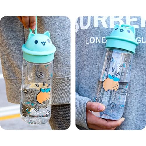 Cute Cartoon Cat Water Bottle with Outdoor Sports Lid Creative Shape Large Capacity Transparen Plastic Cup for Children Adult