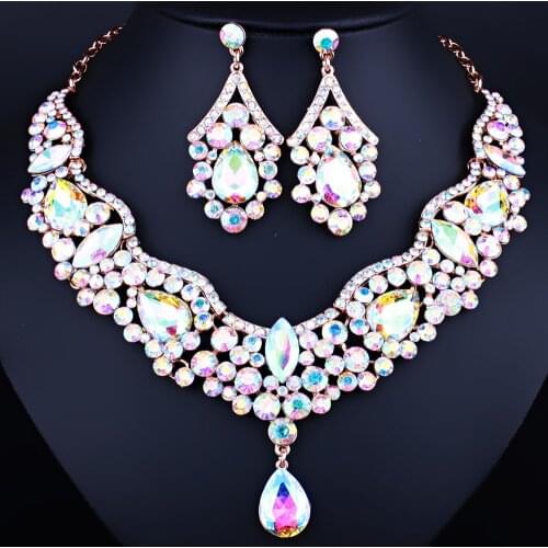 Fashion Jewelry Exquisite Crystal Rhinestones Water Drop Necklace and Earrings Women Bridal Wedding Jewelry sets