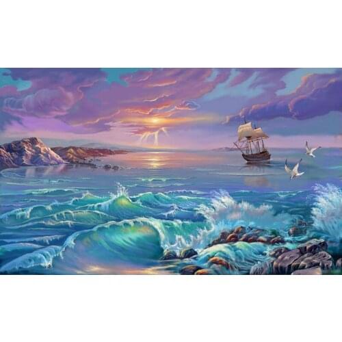 Printed Fabric Factory Shop Cross Stitch Kit Diy Diamond Resin Square Full Drill Storm Wave Setting Sun Sailing Boat