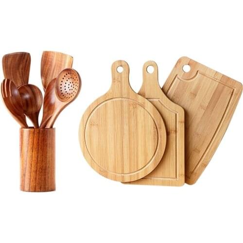 7 Piece Set Kitchen Utensil Set, Wooden Cookware Set with 3 Piece Set Bamboo Cutting Board