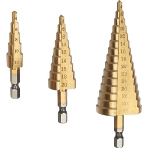 Titanium Step Drill Bit Set, High Speed Steel | 3-Piece 4-12/4-20/4-32mm Set