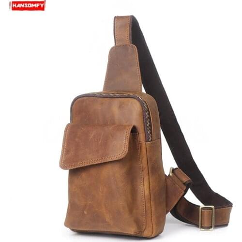 Mens Chest Bag Casual Small Shoulder Messenger Bag New Retro 2021 Crazy Horse Leather Real Genuine Leather Vintage Soft Men