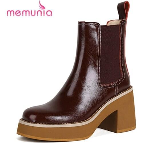 MEMUNIA New Arrival Cowhide Shoes Hot Sale Fashion Ankle Boots Elastic Band Women Boots Winter Thick Heels Casual Chelsea Boots