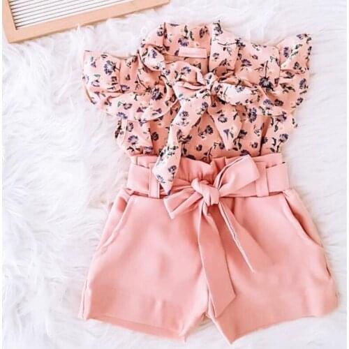 Toddler Baby Girls Clothes 2PCS Floral Printed Ruffles Bowknot Sleeveless Tops + High Waist Shorts Outfit Sets Summer 2021