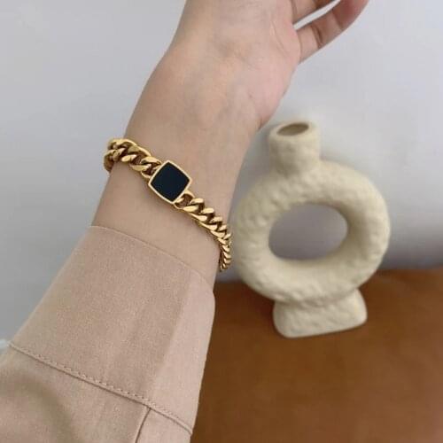 2021 Trend Stainless Steel Couple Jewelry Hyperbole 18K Golden Chain Necklaces for Men Square Black Pendant Bracelets for Women