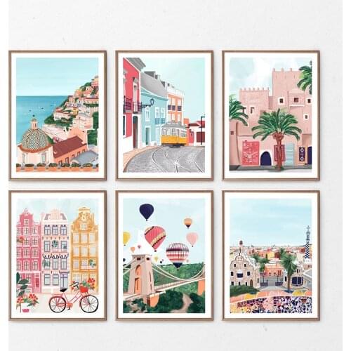 Nordic Travel Poster Cartoon City Sea View And Nature Landscape Home Decoration Canvas Painting Wall Art Picture For Living Room