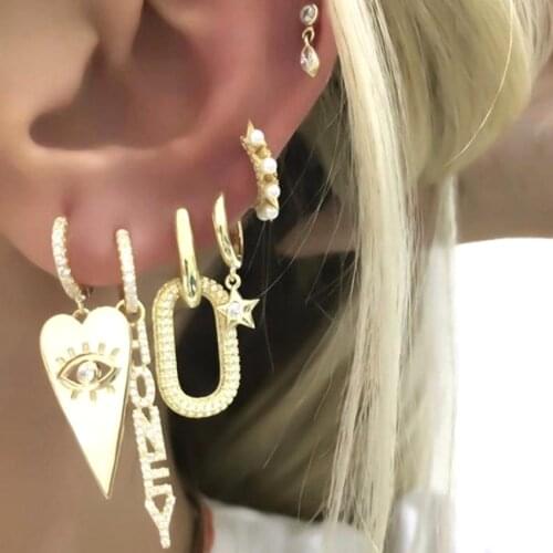 Drop Ship Gold Plated Silver Color Fashion Women Jewelry Valentines Day Gift CZ Letter Couple Honey Sweet Charm Dangle Earrings