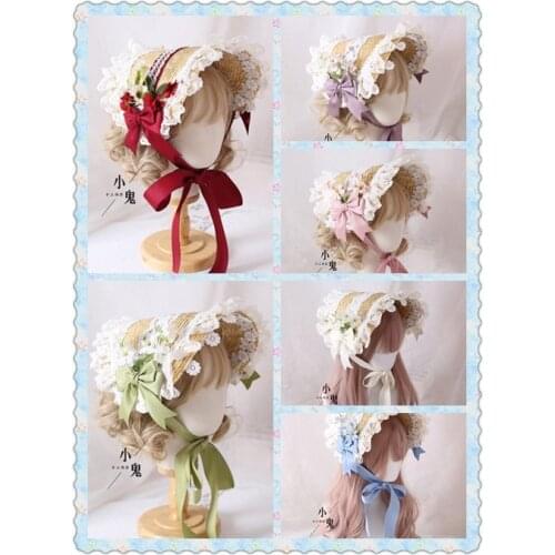 Mori Girl Retro Lolita Handmade Straw hat Gorgeous Elegant Tea Party Flat Cap Pastorale Style Multilayer Lace Bonnet Bnt bb Hat