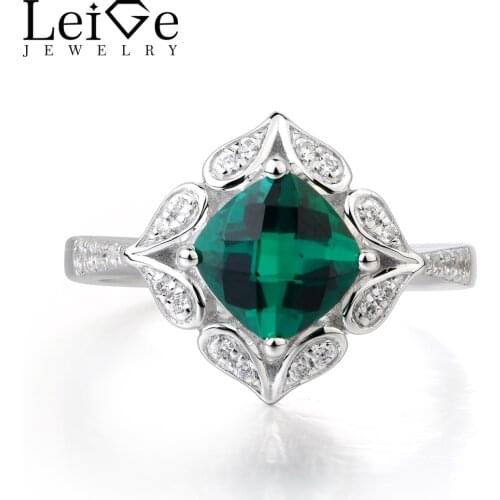 Leige Jewelry Emerald Ring Engagement Ring Genuine 925 Sterling Silver Vintage Ring Fine Jewelry Green Gemstone May Birthstone
